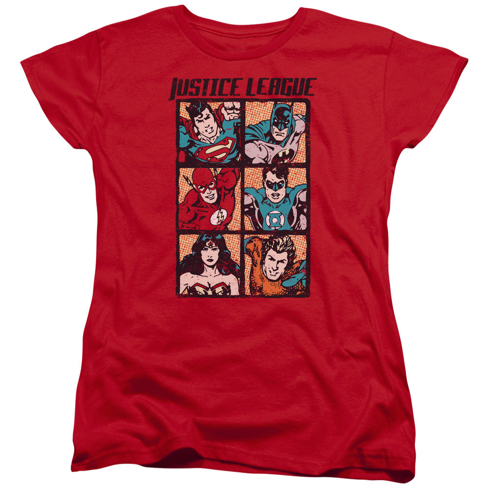AN OFFCIALLY LICENSED JLA ROUGH PANELS WOMEN'S REGULAR FIT T-SHIRT RED