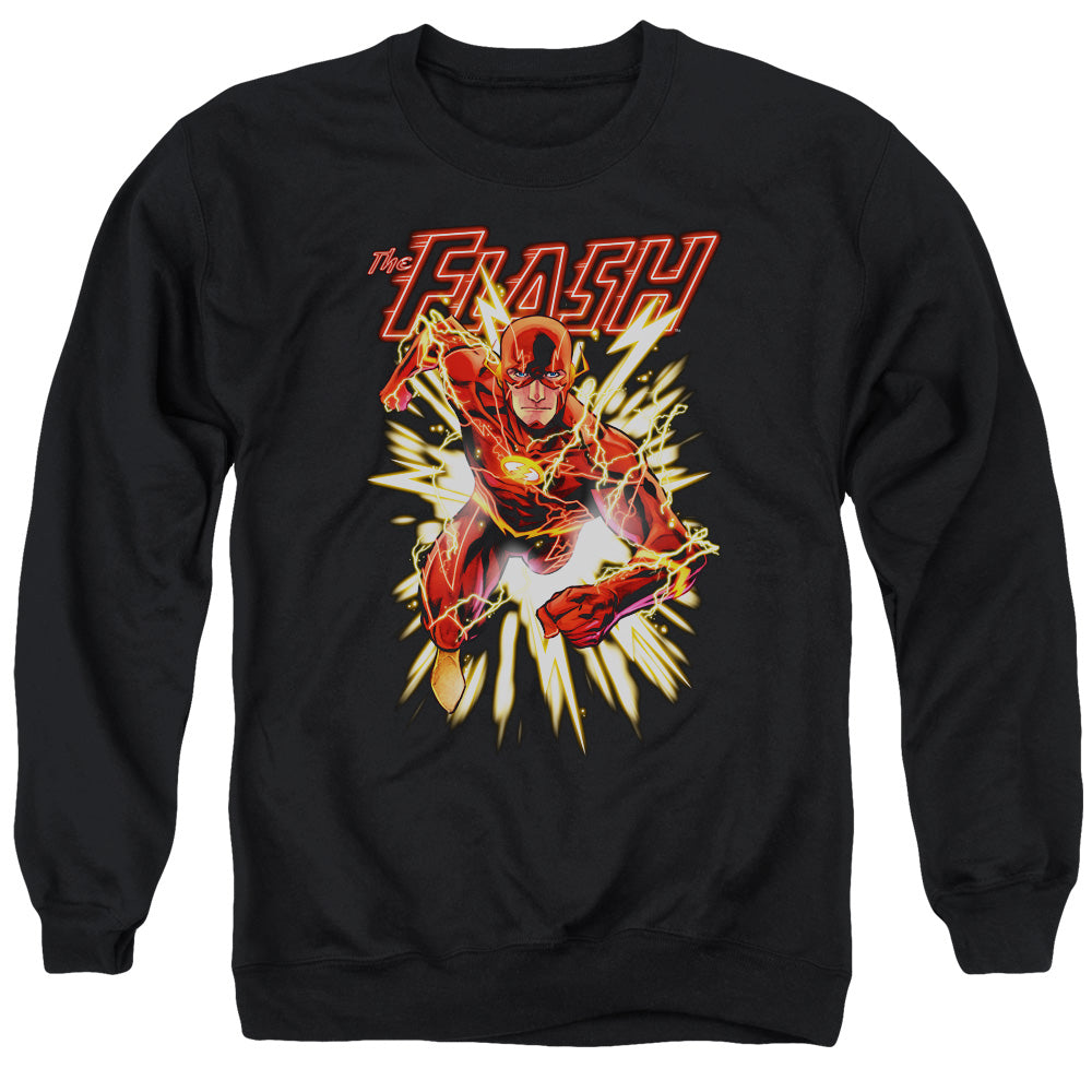 AN OFFCIALLY LICENSED JLA FLASH GLOW ADULT UNISEX CREWNECK SWEATSHIRT BLACK