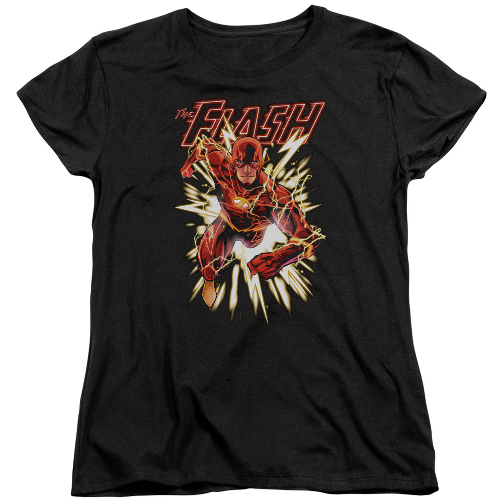 AN OFFCIALLY LICENSED JLA FLASH GLOW WOMEN'S REGULAR FIT T-SHIRT BLACK