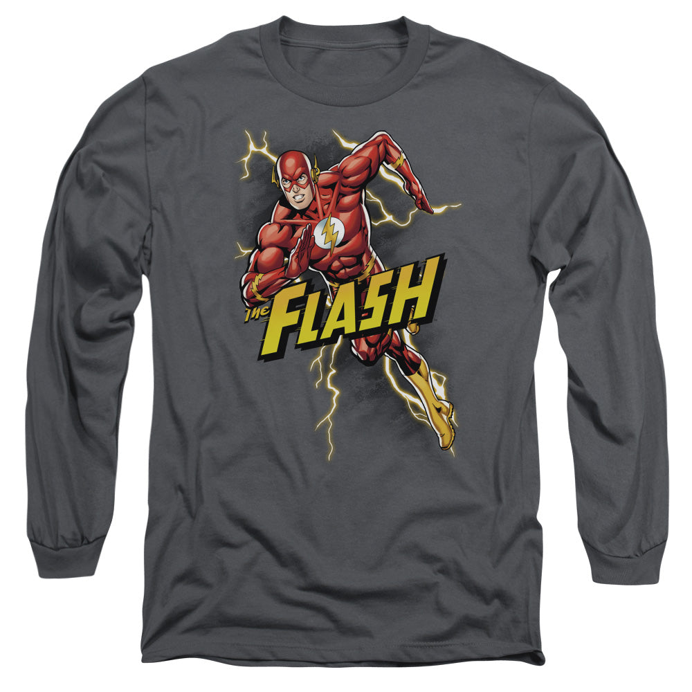 AN OFFCIALLY LICENSED JLA BOLT RUN MEN'S LONG SLEEVE T-SHIRT CHARCOAL