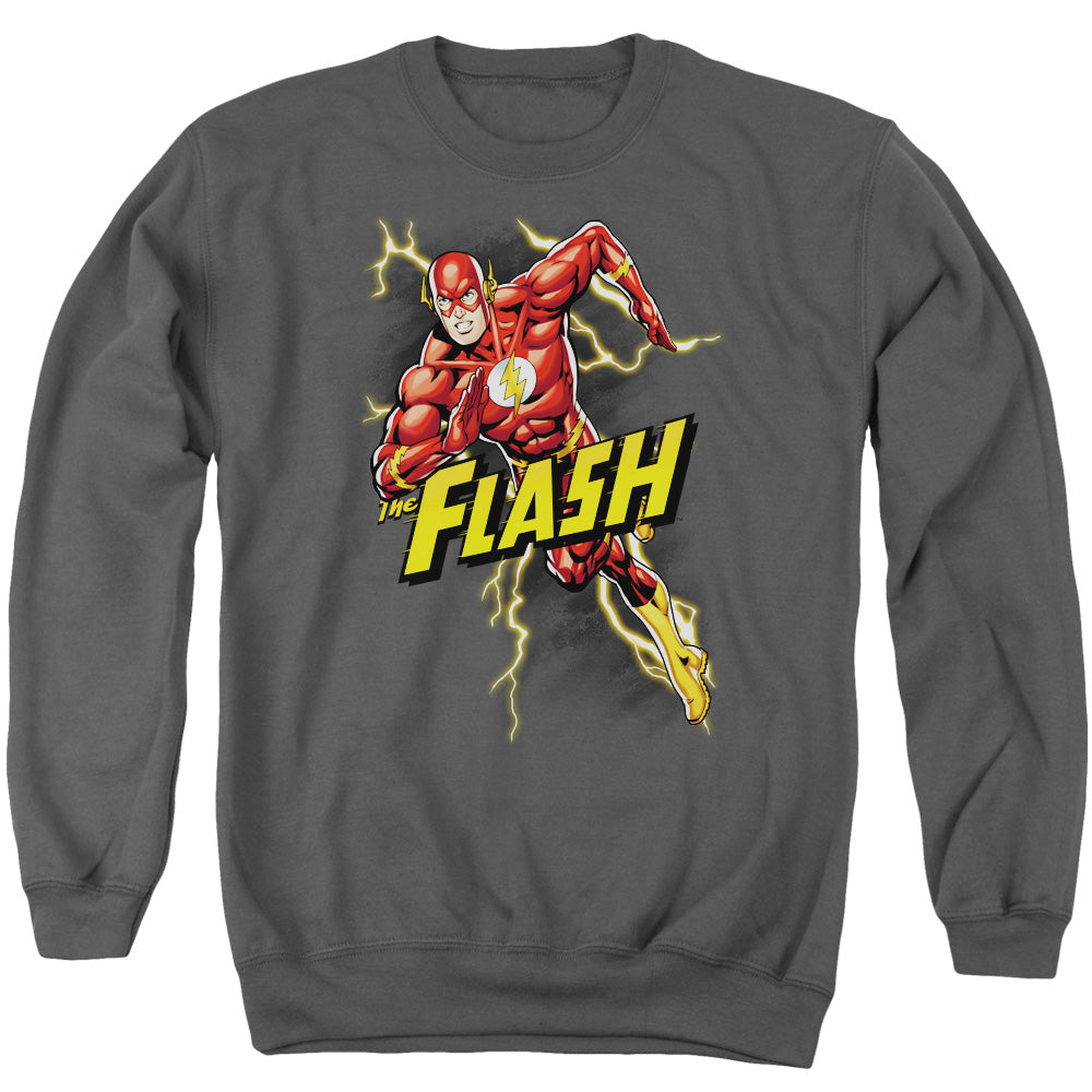AN OFFCIALLY LICENSED JLA BOLT RUN ADULT UNISEX CREWNECK SWEATSHIRT CHARCOAL