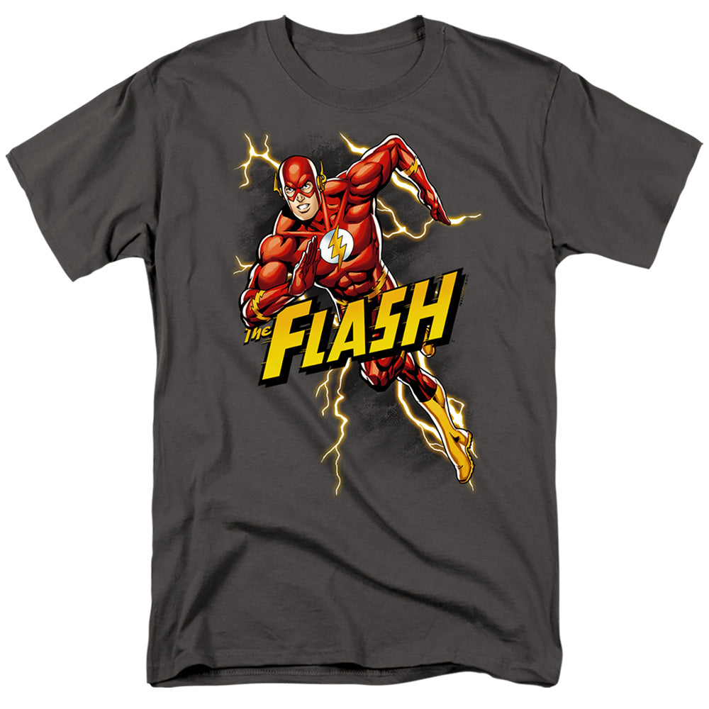 AN OFFCIALLY LICENSED JLA BOLT RUN MEN'S REGULAR FIT T-SHIRT CHARCOAL