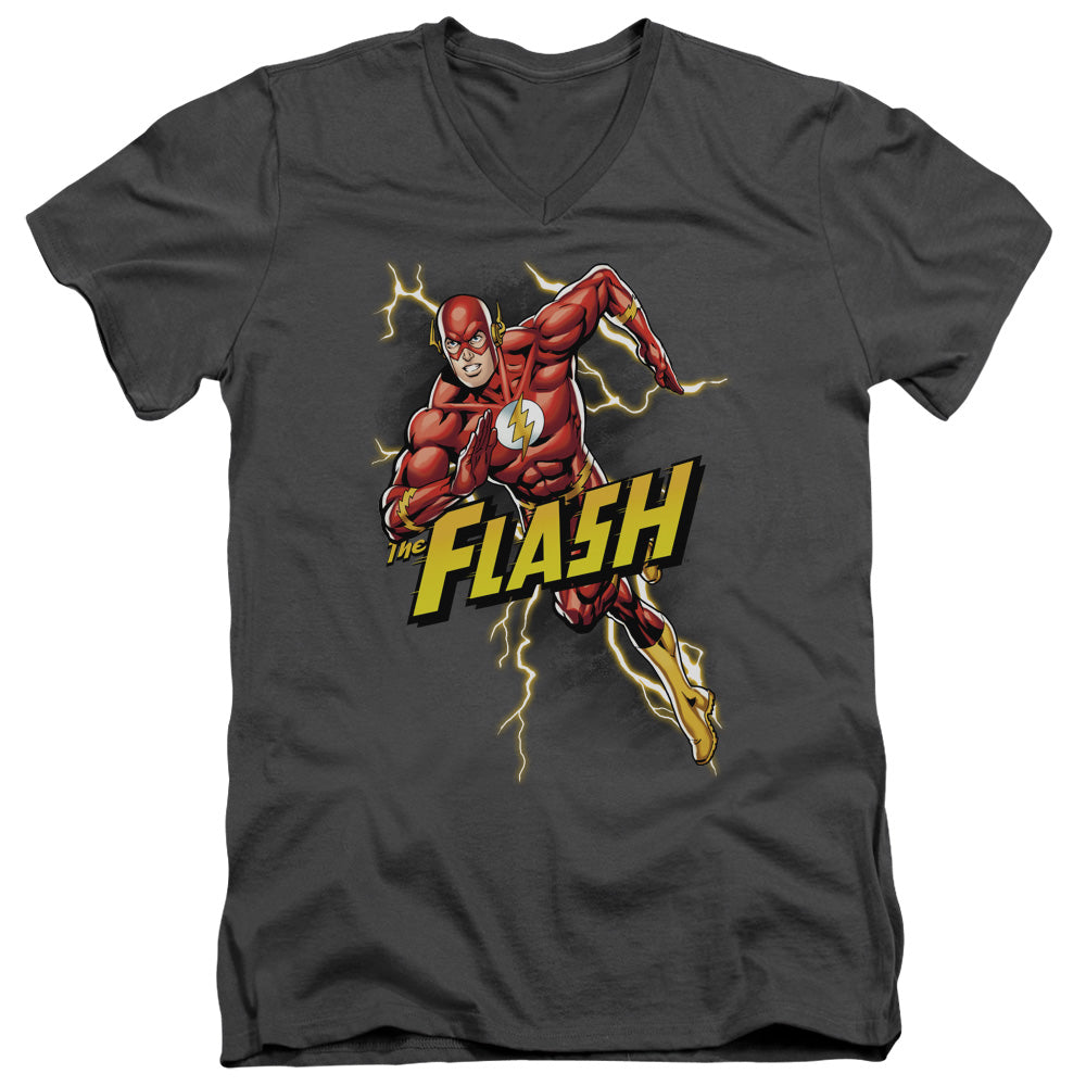 AN OFFCIALLY LICENSED JLA BOLT RUN MEN'S V-NECK T-SHIRT CHARCOAL