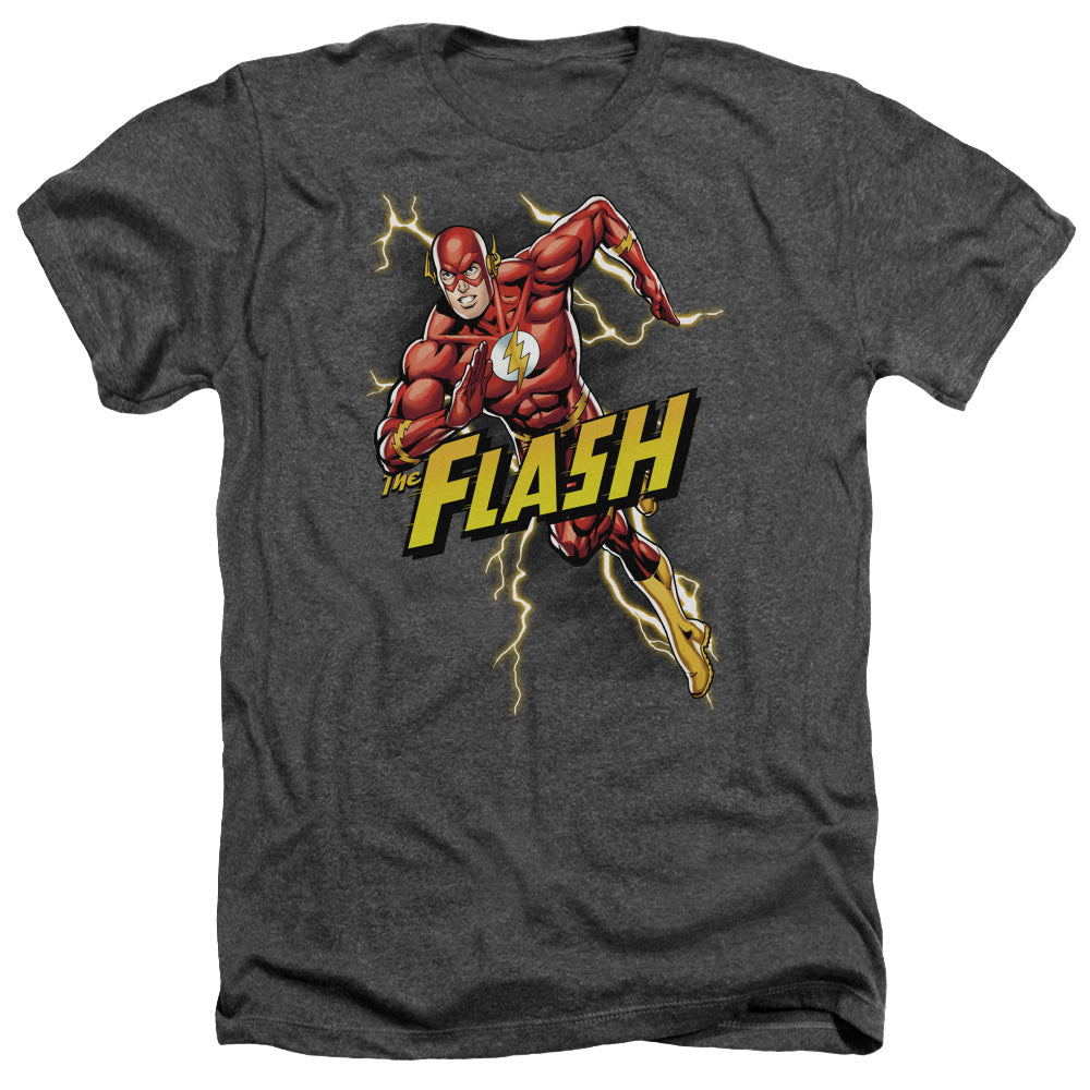 AN OFFCIALLY LICENSED JLA BOLT RUN MEN'S HEATHER T-SHIRT CHARCOAL
