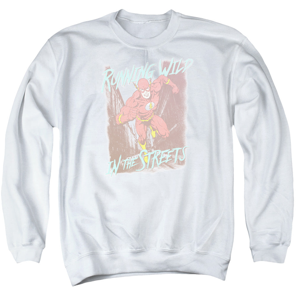 AN OFFCIALLY LICENSED JLA RUNNING WILD ADULT UNISEX CREWNECK SWEATSHIRT WHITE