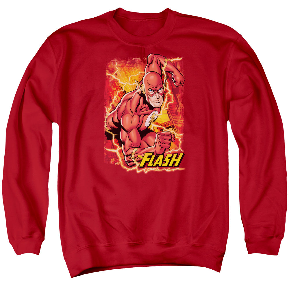AN OFFCIALLY LICENSED JLA FLASH LIGHTNING ADULT UNISEX CREWNECK SWEATSHIRT RED