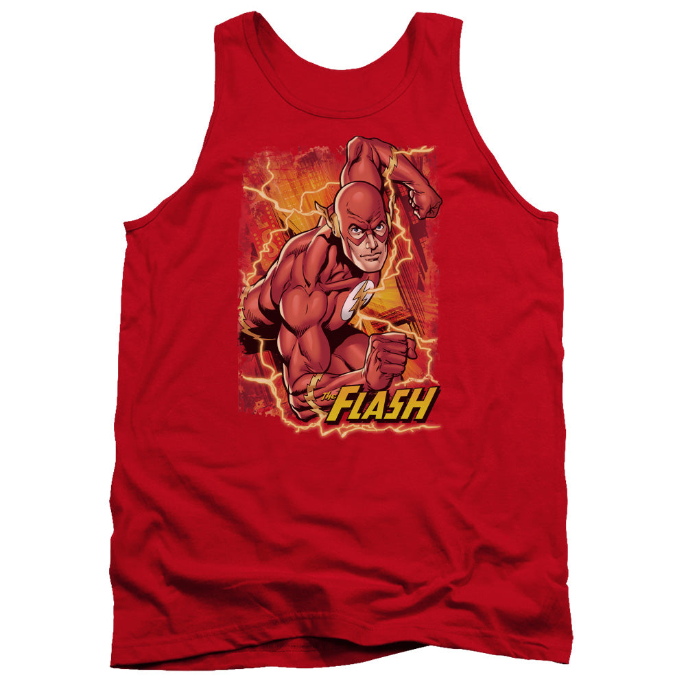 AN OFFCIALLY LICENSED JLA FLASH LIGHTNING ADULT UNISEX TANK TOP RED