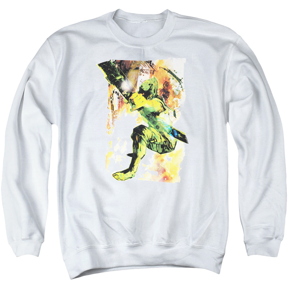 AN OFFCIALLY LICENSED JLA PAINTED ARCHER ADULT UNISEX CREWNECK SWEATSHIRT WHITE