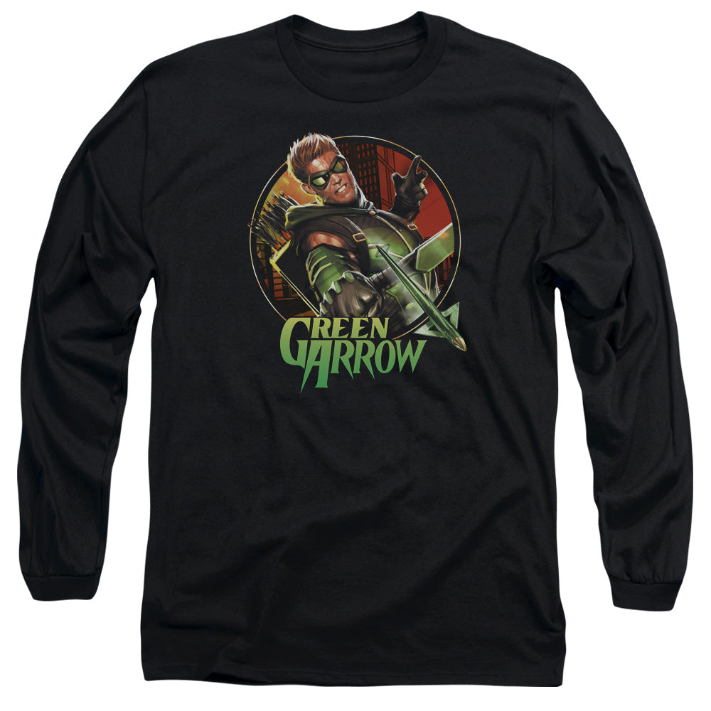 AN OFFCIALLY LICENSED JLA SUNSET ARCHER MEN'S LONG SLEEVE T-SHIRT BLACK