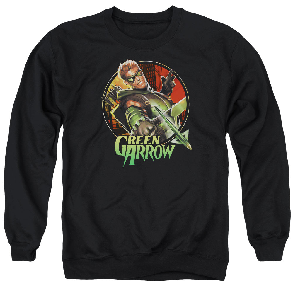 AN OFFCIALLY LICENSED JLA SUNSET ARCHER ADULT UNISEX CREWNECK SWEATSHIRT BLACK