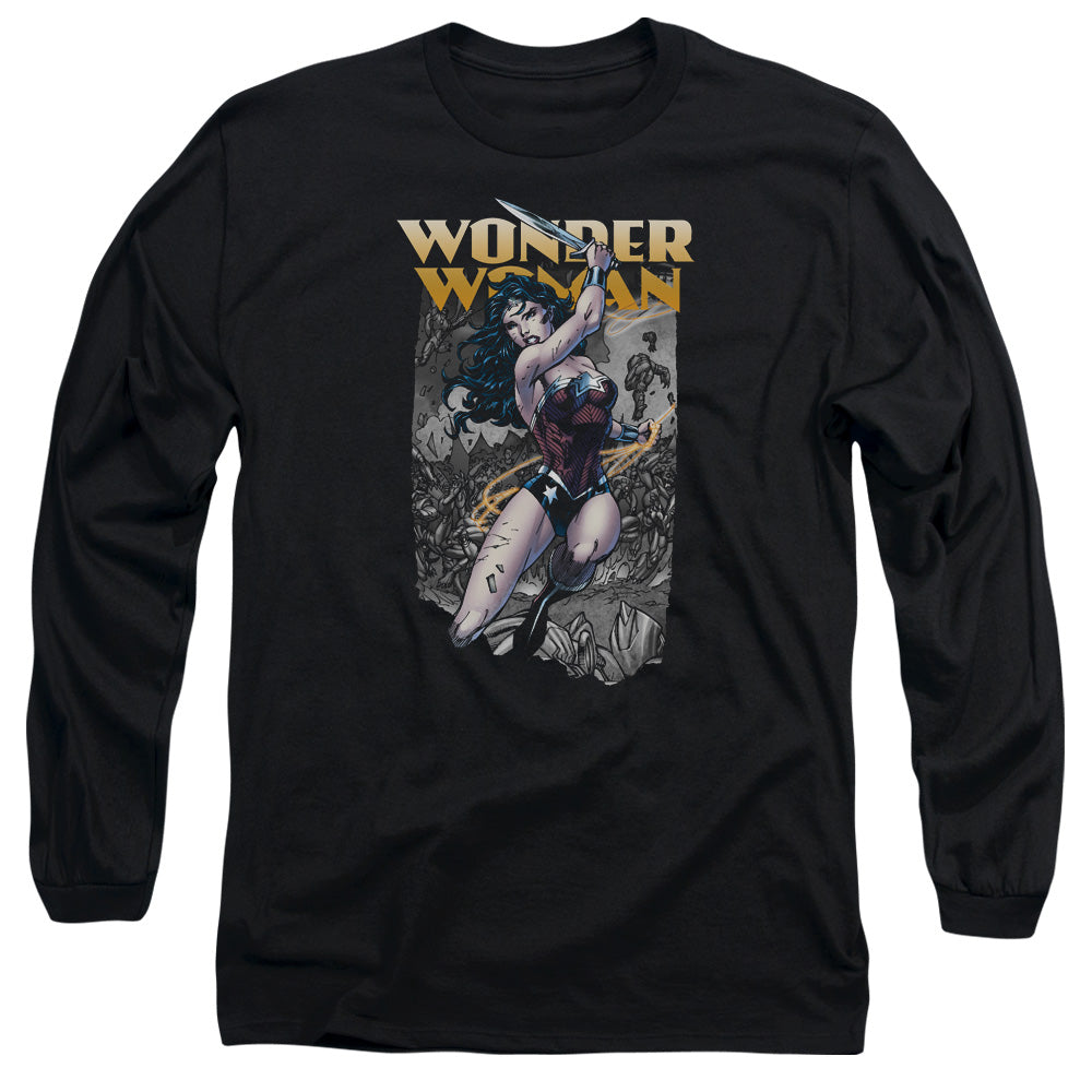 AN OFFCIALLY LICENSED JLA WONDER SLICE MEN'S LONG SLEEVE T-SHIRT BLACK