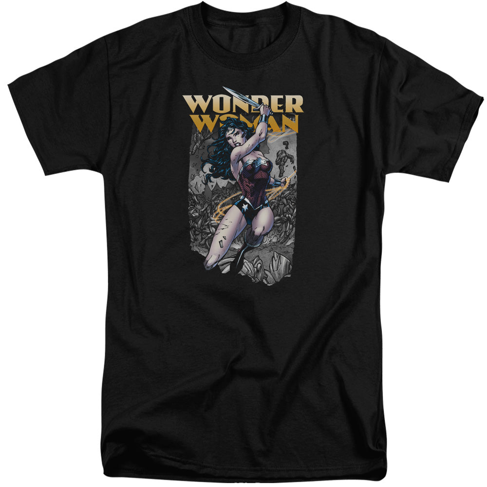 AN OFFCIALLY LICENSED JLA WONDER SLICE MEN'S TALL FIT T-SHIRT BLACK