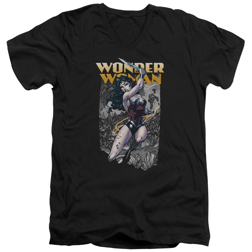 AN OFFCIALLY LICENSED JLA WONDER SLICE MEN'S V-NECK T-SHIRT BLACK