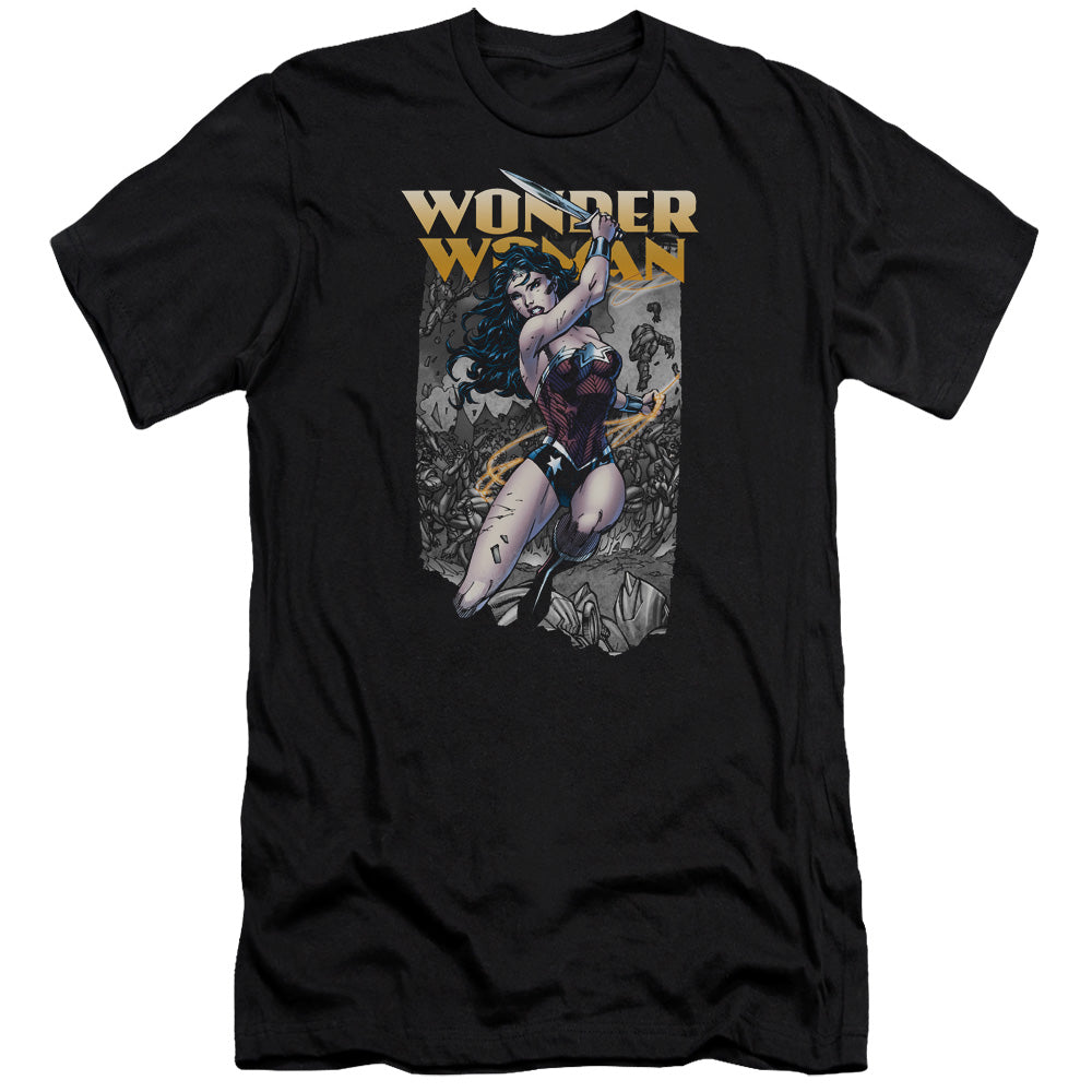 AN OFFCIALLY LICENSED JLA WONDER SLICE MEN'S PREMIUM SLIM FIT T-SHIRT BLACK