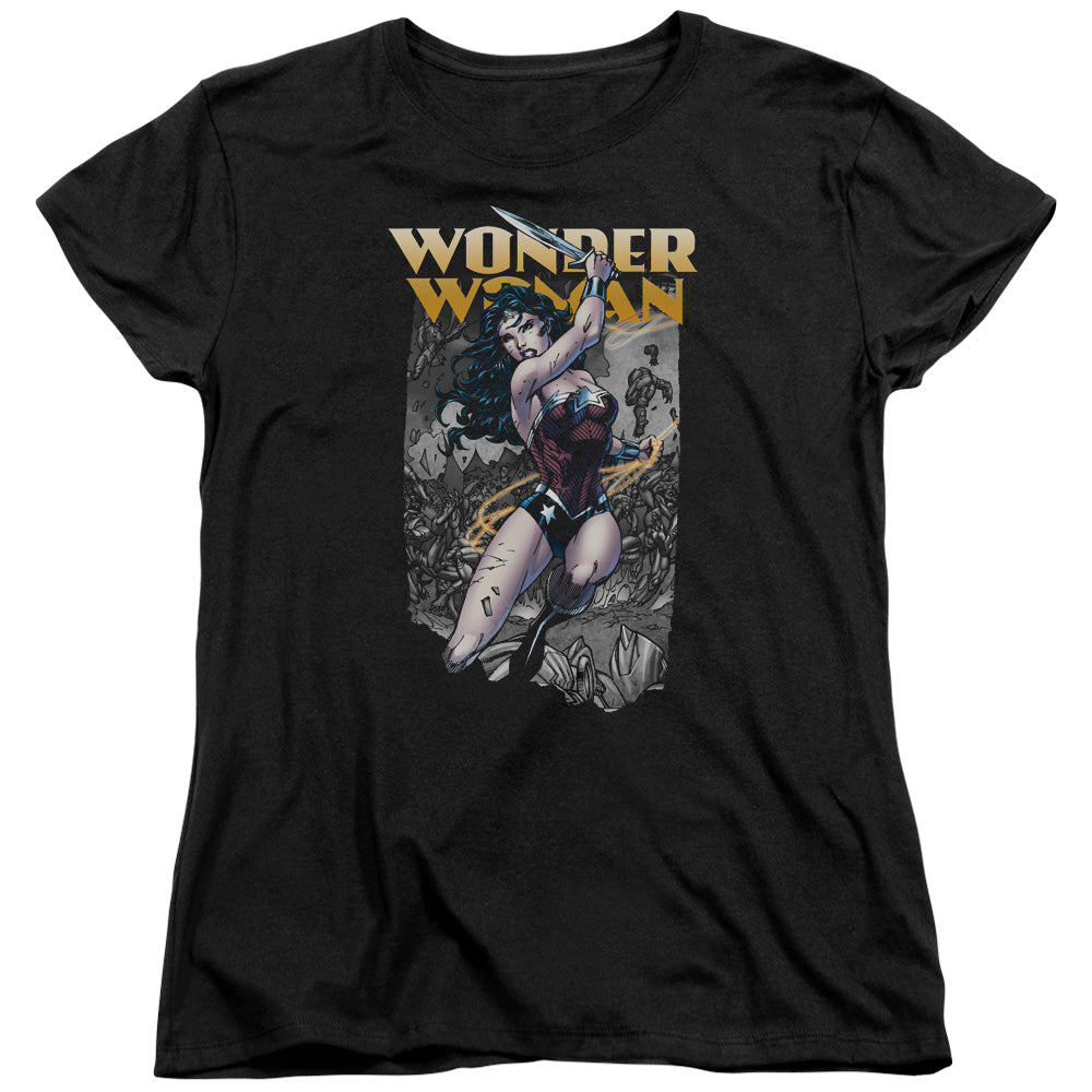 AN OFFCIALLY LICENSED JLA WONDER SLICE WOMEN'S REGULAR FIT T-SHIRT BLACK