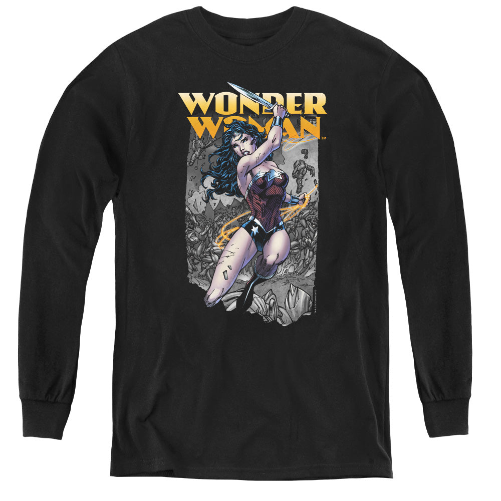 AN OFFCIALLY LICENSED JLA WONDER SLICE YOUTH LONG SLEEVE T-SHIRT BLACK