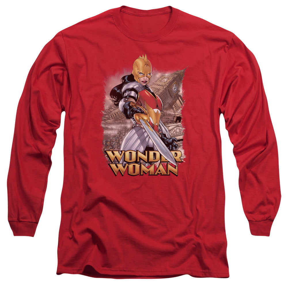 AN OFFCIALLY LICENSED JLA WONDER WOMAN MEN'S LONG SLEEVE T-SHIRT RED
