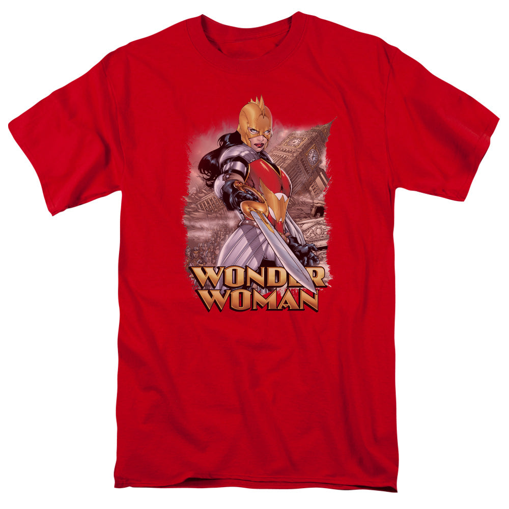 AN OFFCIALLY LICENSED JLA WONDER WOMAN MEN'S REGULAR FIT T-SHIRT RED