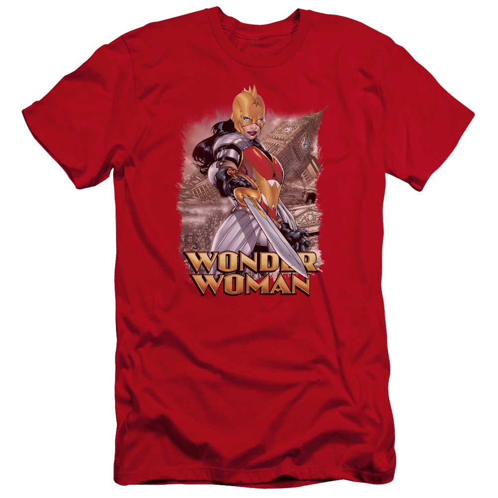 AN OFFCIALLY LICENSED JLA WONDER WOMAN MEN'S PREMIUM SLIM FIT T-SHIRT RED