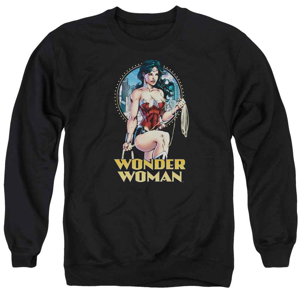 AN OFFCIALLY LICENSED JLA CITY WARRIOR ADULT UNISEX CREWNECK SWEATSHIRT BLACK