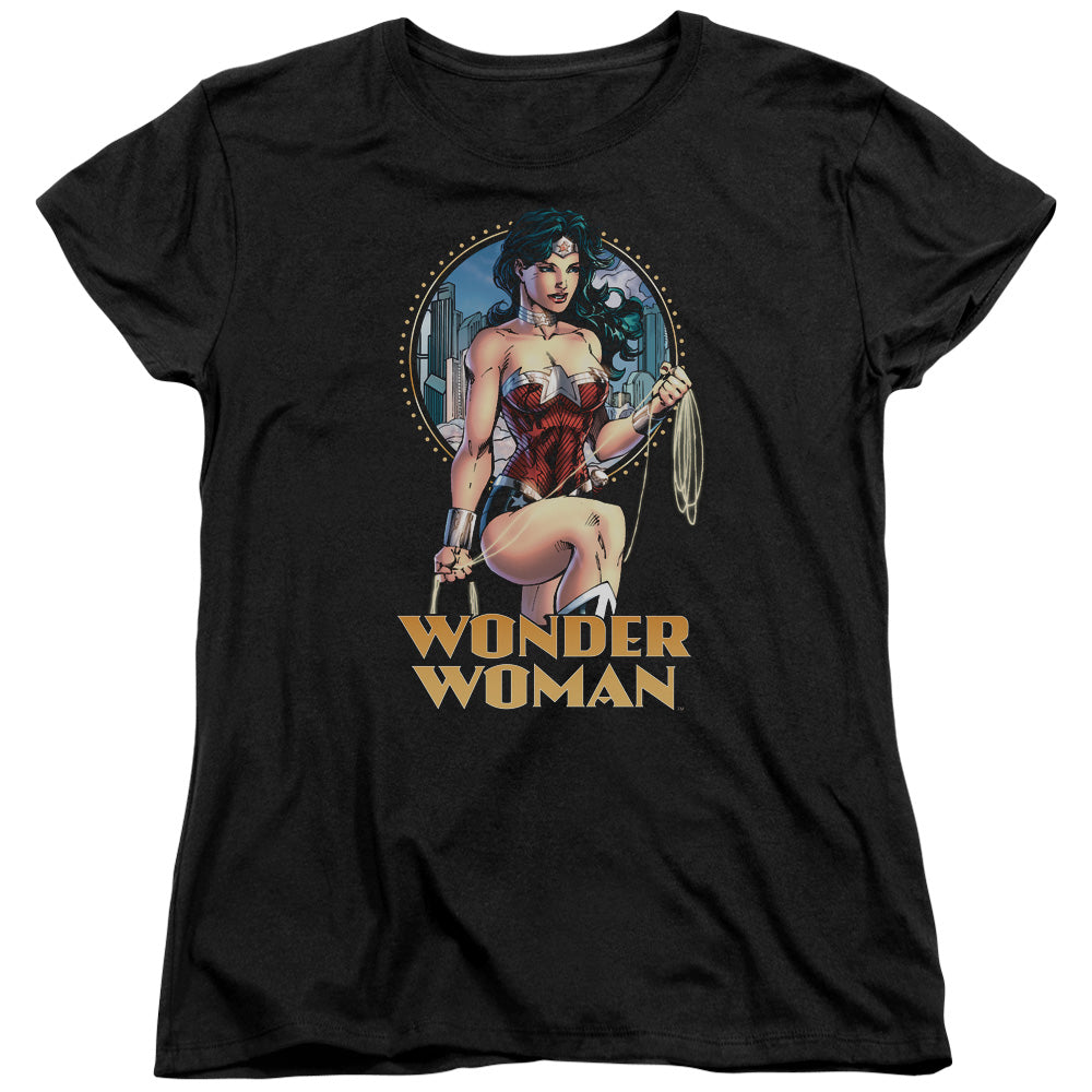 AN OFFCIALLY LICENSED JLA CITY WARRIOR WOMEN'S REGULAR FIT T-SHIRT BLACK