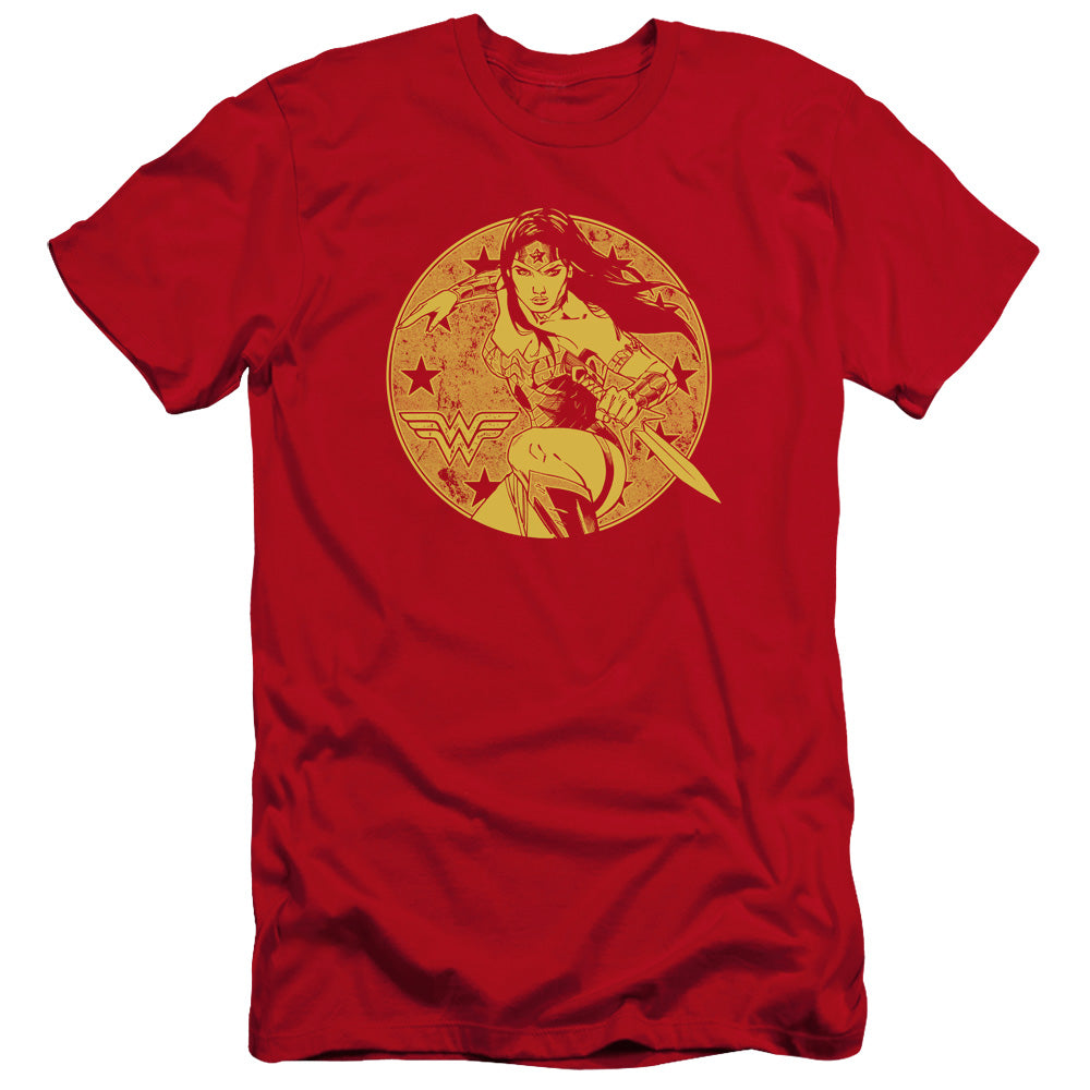 AN OFFCIALLY LICENSED JLA YOUNG WONDER MEN'S PREMIUM SLIM FIT T-SHIRT RED