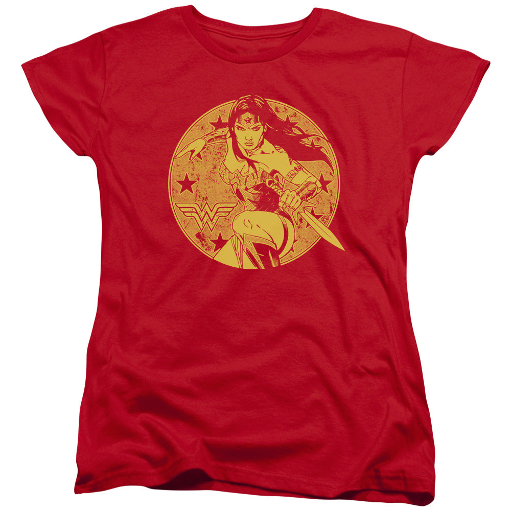 AN OFFCIALLY LICENSED JLA YOUNG WONDER WOMEN'S REGULAR FIT T-SHIRT RED