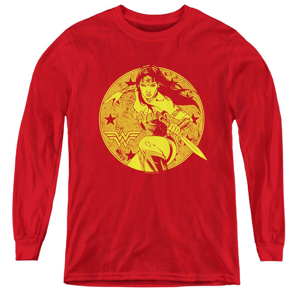 AN OFFCIALLY LICENSED JLA YOUNG WONDER YOUTH LONG SLEEVE T-SHIRT RED