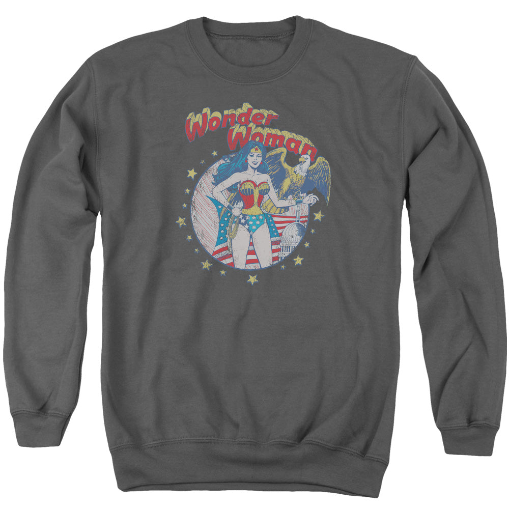 AN OFFCIALLY LICENSED JLA AT YOUR SERVICE ADULT UNISEX CREWNECK SWEATSHIRT CHARCOAL