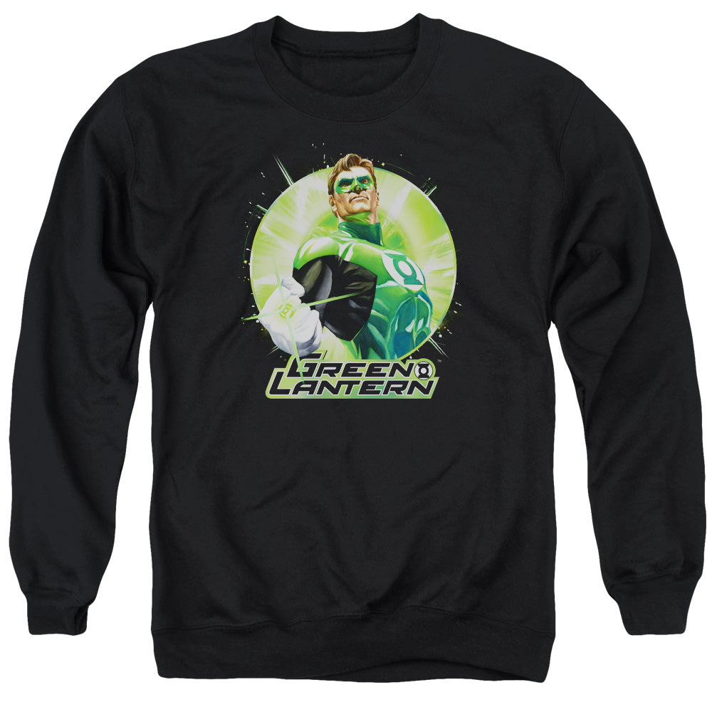 AN OFFCIALLY LICENSED JLA GREEN STATIC ADULT UNISEX CREWNECK SWEATSHIRT BLACK