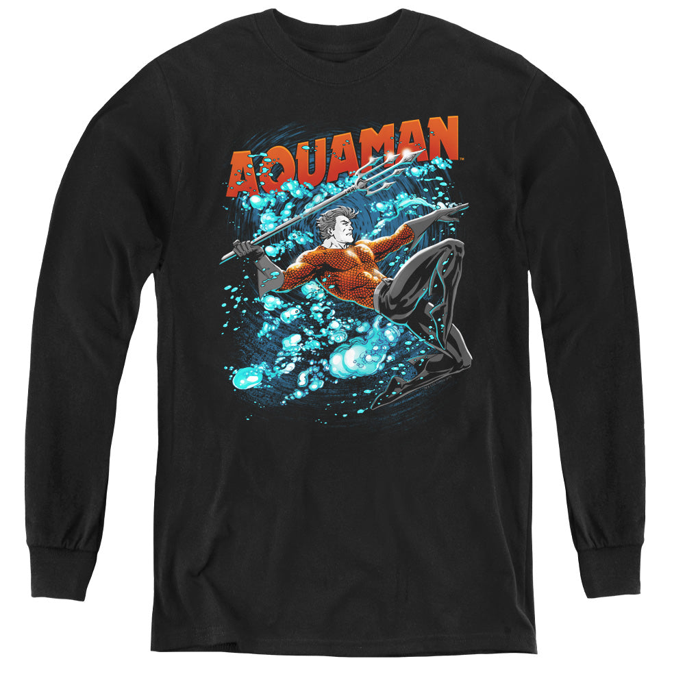 AN OFFCIALLY LICENSED JLA AQUA BUBBLES YOUTH LONG SLEEVE T-SHIRT BLACK