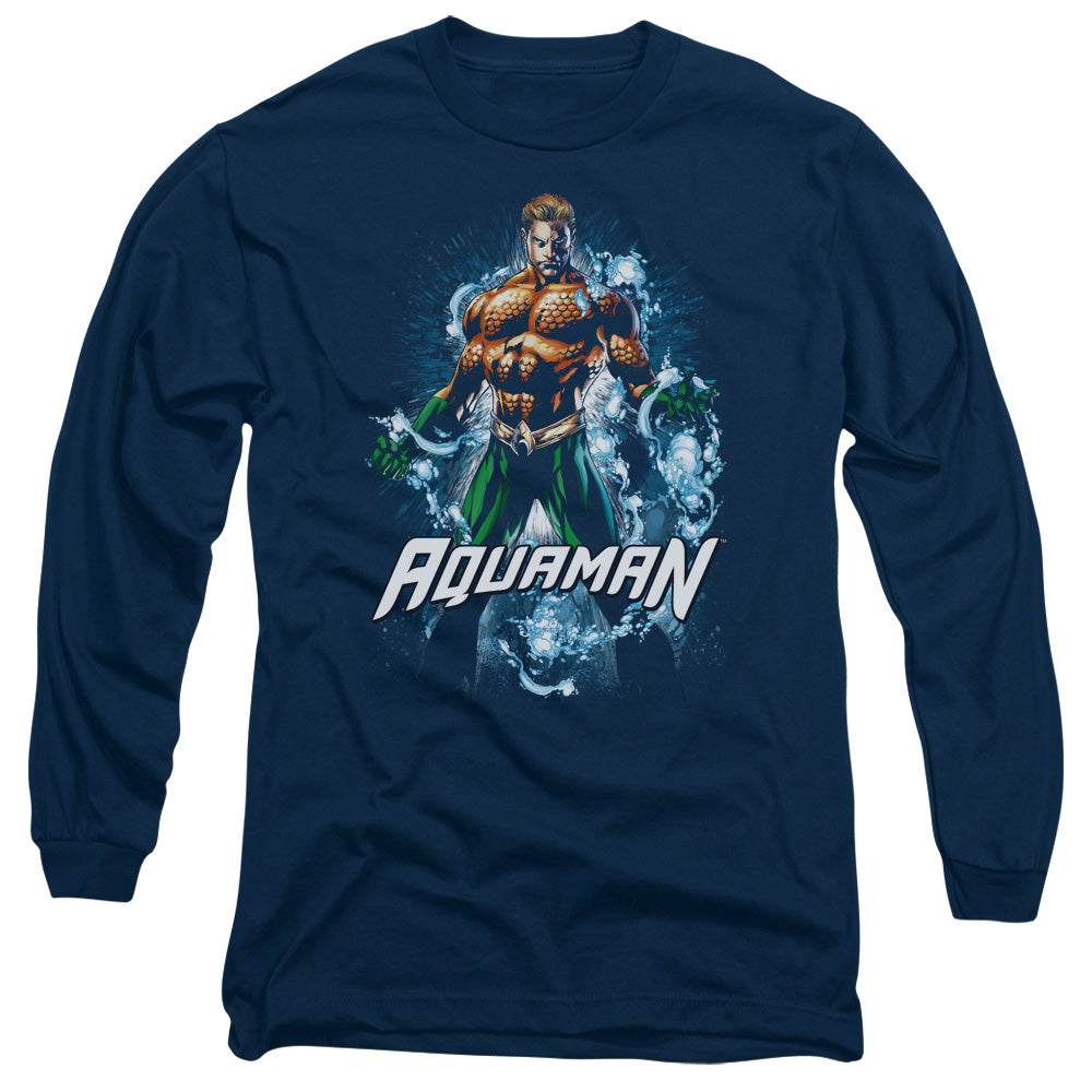 AN OFFCIALLY LICENSED JLA WATER POWERS MEN'S LONG SLEEVE T-SHIRT NAVY