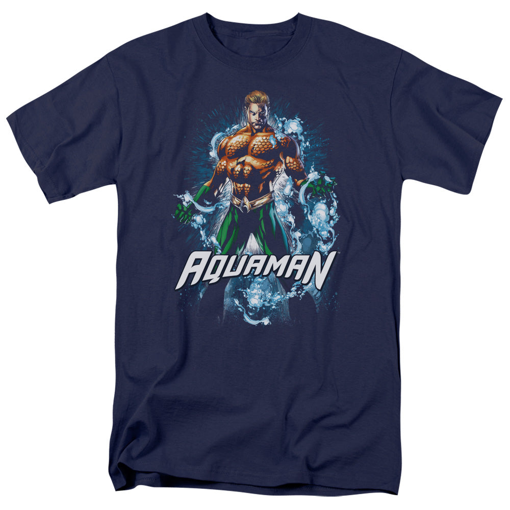 AN OFFCIALLY LICENSED JLA WATER POWERS MEN'S REGULAR FIT T-SHIRT NAVY