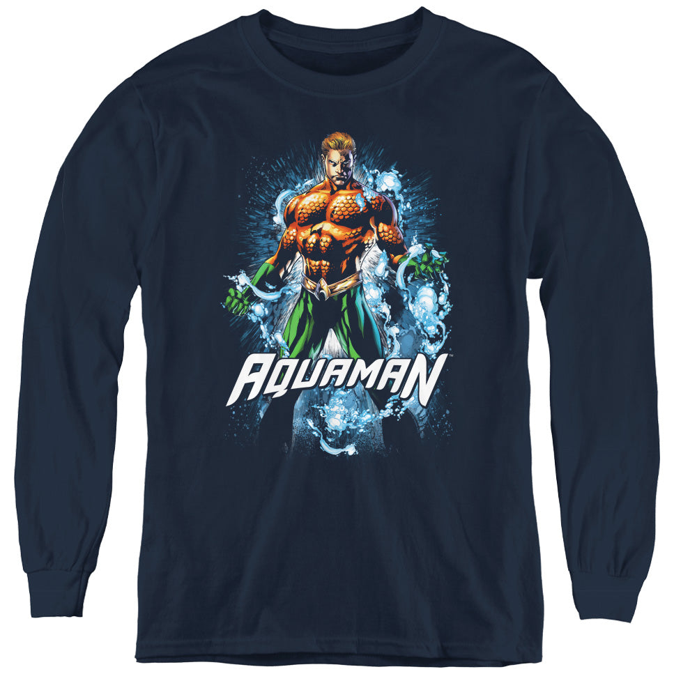 AN OFFCIALLY LICENSED JLA WATER POWERS YOUTH LONG SLEEVE T-SHIRT NAVY