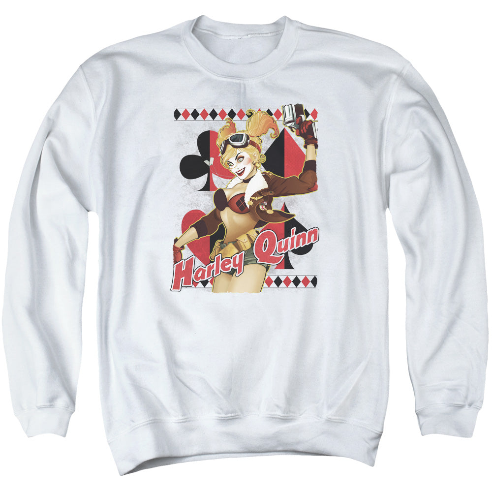 AN OFFCIALLY LICENSED JLA HARLEY BOMBSHETLL ADULT UNISEX CREWNECK SWEATSHIRT WHITE