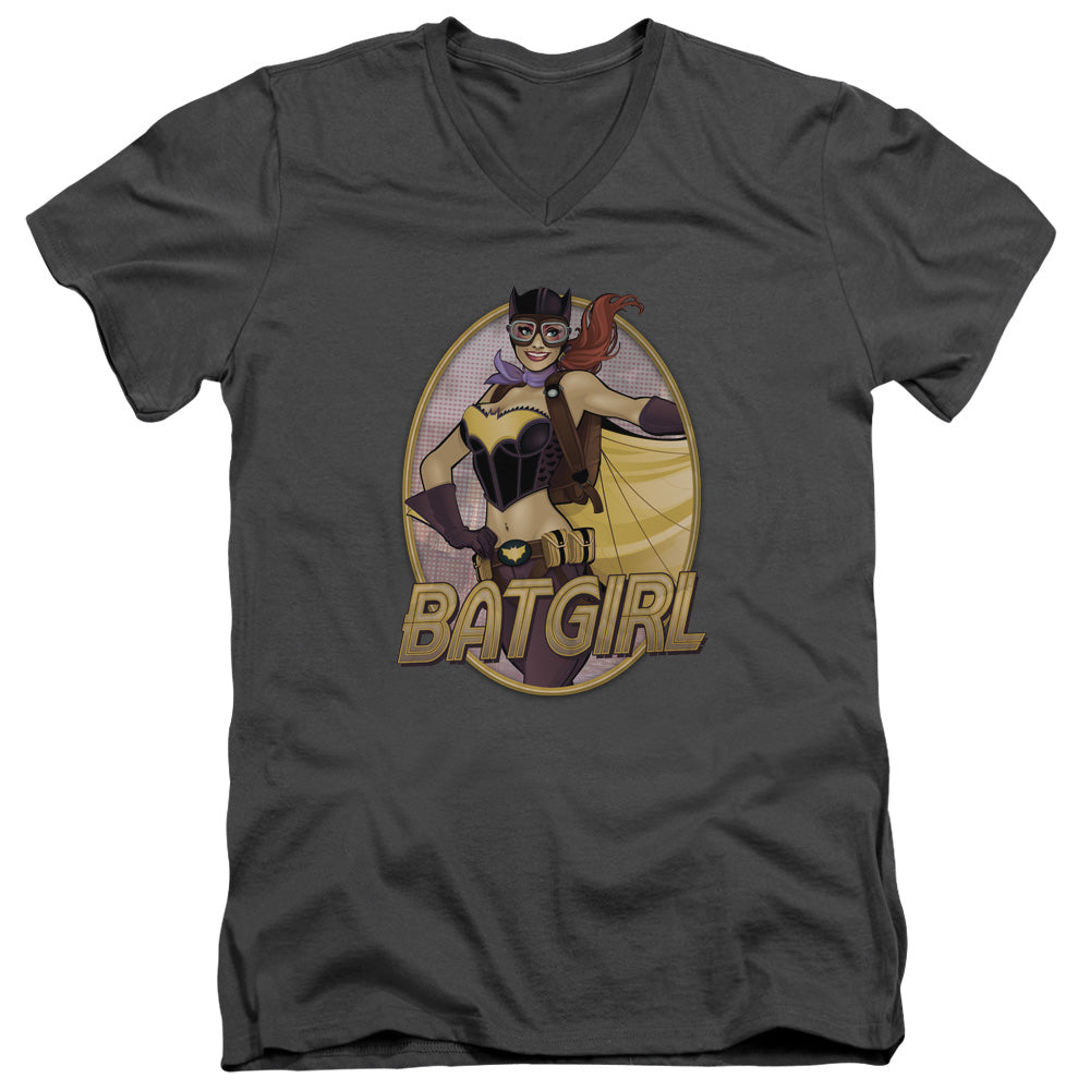 AN OFFCIALLY LICENSED JLA BATGIRL BOMBSHELL MEN'S V-NECK T-SHIRT CHARCOAL