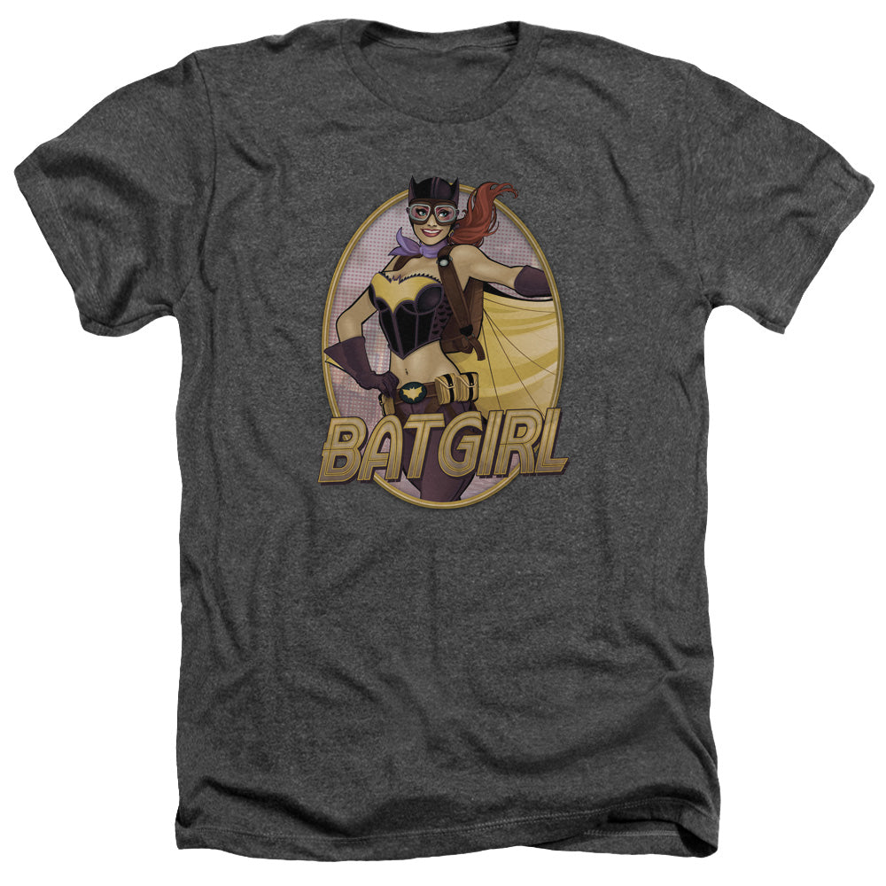 AN OFFCIALLY LICENSED JLA BATGIRL BOMBSHELL MEN'S HEATHER T-SHIRT CHARCOAL