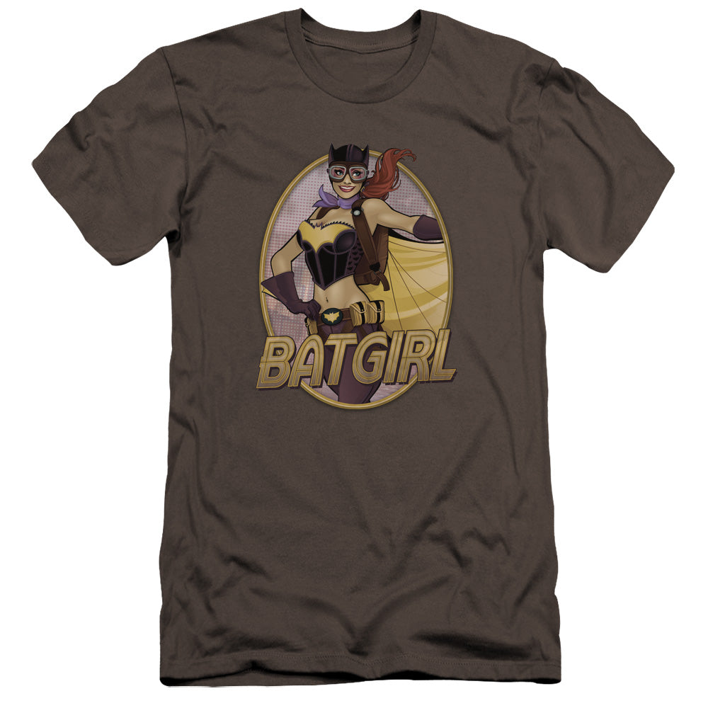 AN OFFCIALLY LICENSED JLA BATGIRL BOMBSHELL MEN'S PREMIUM SLIM FIT T-SHIRT CHARCOAL