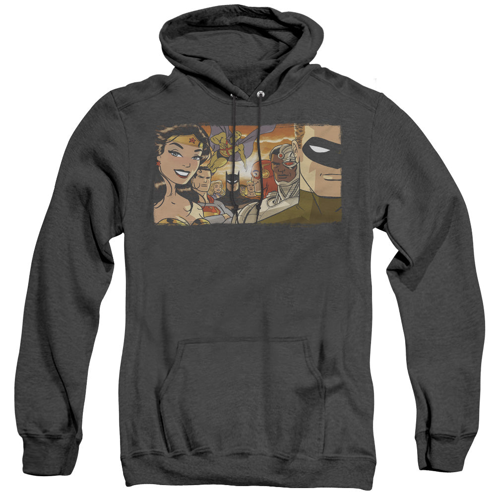 AN OFFCIALLY LICENSED JLA CINEMATIC LEAGUE ADULT UNISEX HEATHER PULLOVER HOODIE BLACK