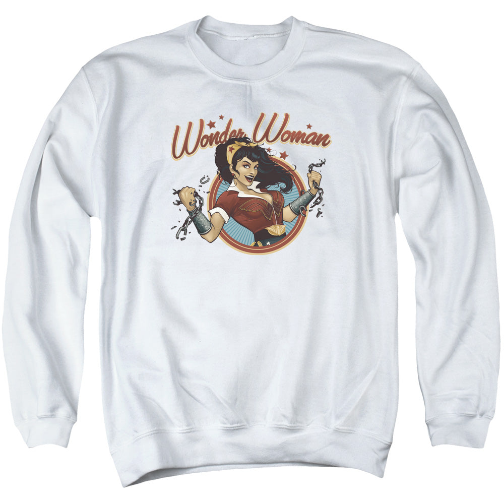 AN OFFCIALLY LICENSED JLA WONDER BREAK ADULT UNISEX CREWNECK SWEATSHIRT WHITE