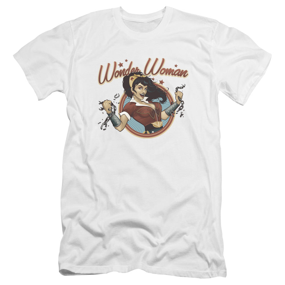 AN OFFCIALLY LICENSED JLA WONDER BREAK MEN'S PREMIUM SLIM FIT T-SHIRT WHITE
