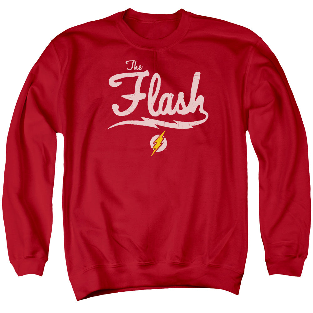 AN OFFCIALLY LICENSED JLA OLD SCHOOL FLASH ADULT UNISEX CREWNECK SWEATSHIRT RED