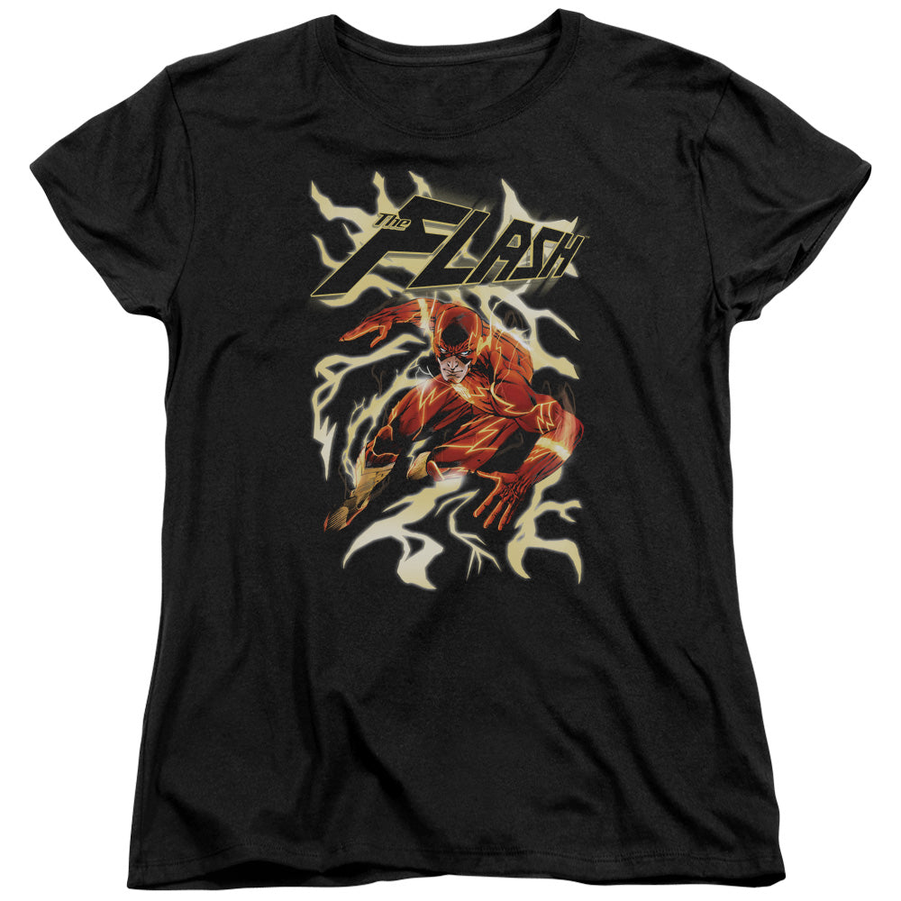 AN OFFCIALLY LICENSED JLA ELECTRIC RUN WOMEN'S REGULAR FIT T-SHIRT BLACK