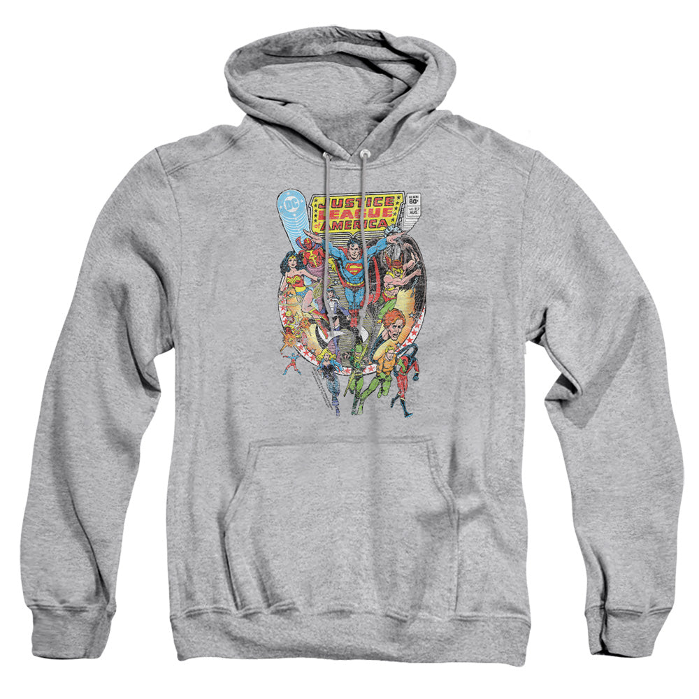 AN OFFCIALLY LICENSED JLA TEAM UP ADULT UNISEX PULLOVER HOODIE ATHLETIC HEATHER