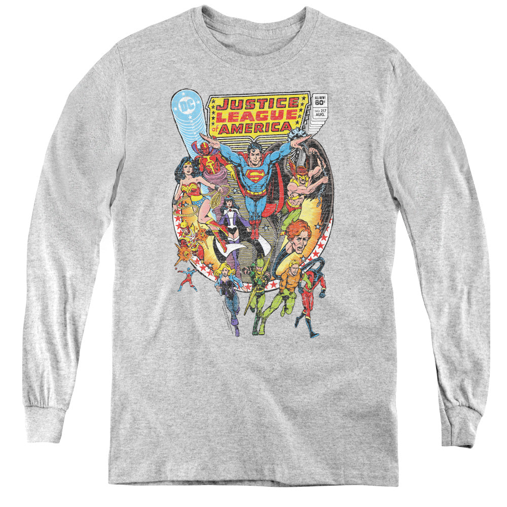 AN OFFCIALLY LICENSED JLA TEAM UP YOUTH LONG SLEEVE T-SHIRT ATHLETIC HEATHER