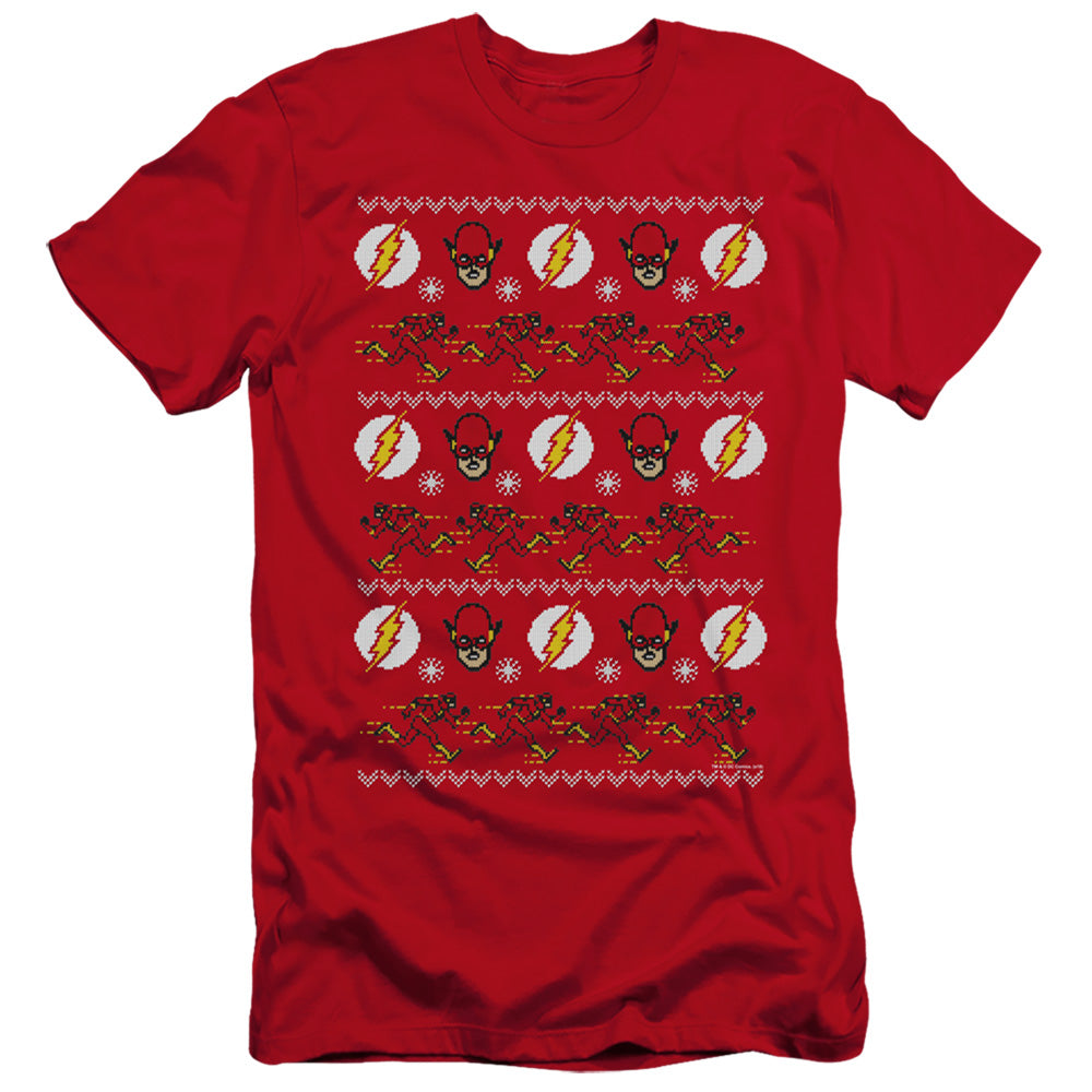 AN OFFCIALLY LICENSED DC FLASH THE FLASH UGLY CHRISTMAS SWEATER 
 MEN'S PREMIUM SLIM FIT T-SHIRT RED