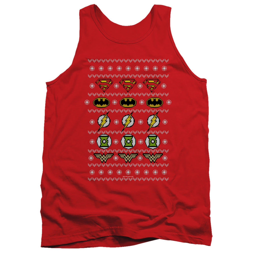 AN OFFCIALLY LICENSED JLA JUSTICE SHIELDS CHRISTMAS SWEATER
ADULT UNISEX TANK TOP RED