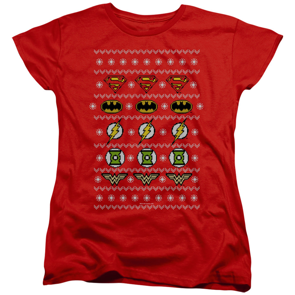 AN OFFCIALLY LICENSED JLA JUSTICE SHIELDS CHRISTMAS SWEATER
WOMEN'S REGULAR FIT T-SHIRT RED