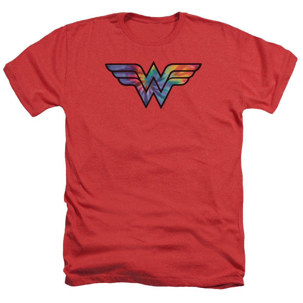 AN OFFCIALLY LICENSED DC WONDER WOMAN WONDER WOMAN TIE DYE LOGO MEN'S HEATHER T-SHIRT RED