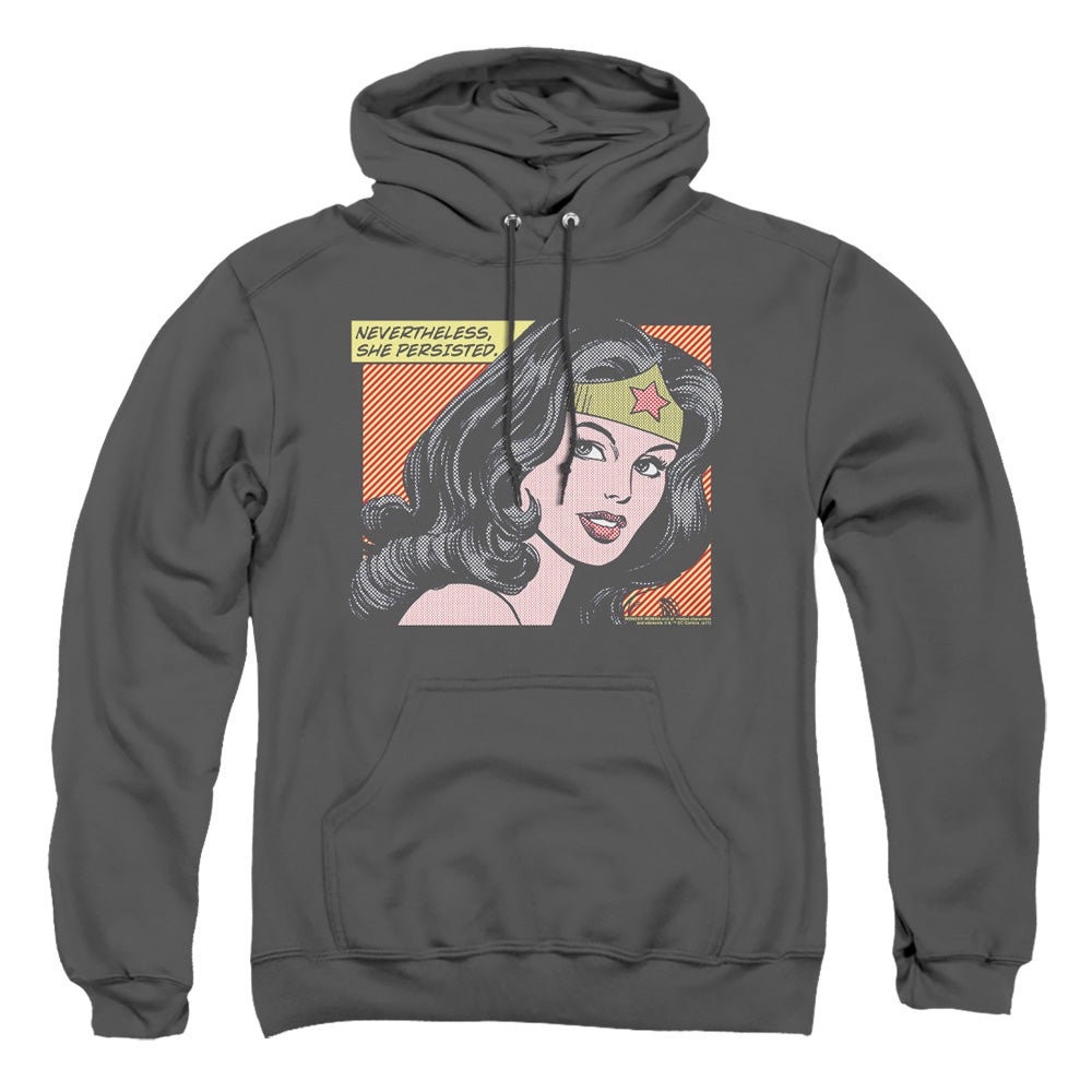 AN OFFCIALLY LICENSED DC WONDER WOMAN SHE PERSISTED ADULT UNISEX PULLOVER HOODIE CHARCOAL